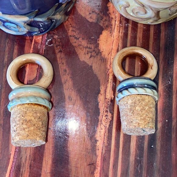 3 Piece Set of Colorful Artisan Oil & Vinegar Ceramic Bottles Black Metal Caddy - Picture 9 of 9